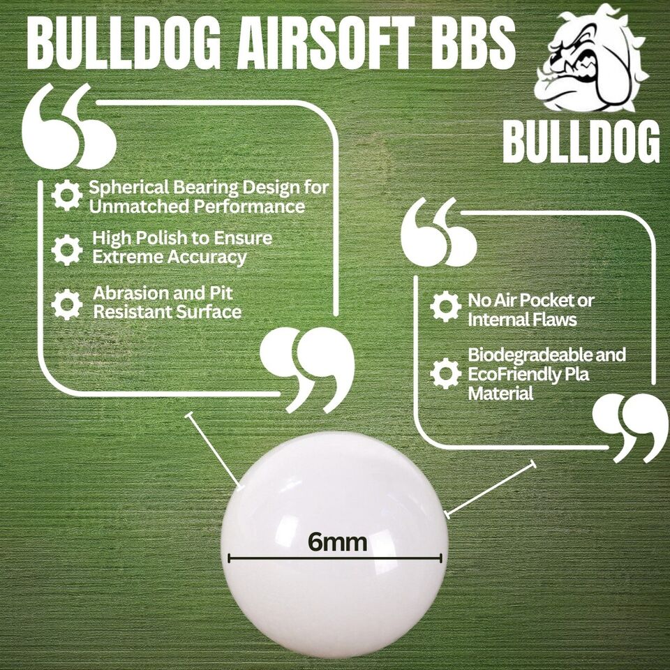 Bulldog BBs, biodegradable airsoft BBs, 0.20g airsoft BBs, white airsoft BBs, eco-friendly airsoft ammo, airsoft precision BBs, smooth polished BBs, airsoft training ammo, high-quality airsoft BBs, Bulldog match-grade BBs, calibrated BBs