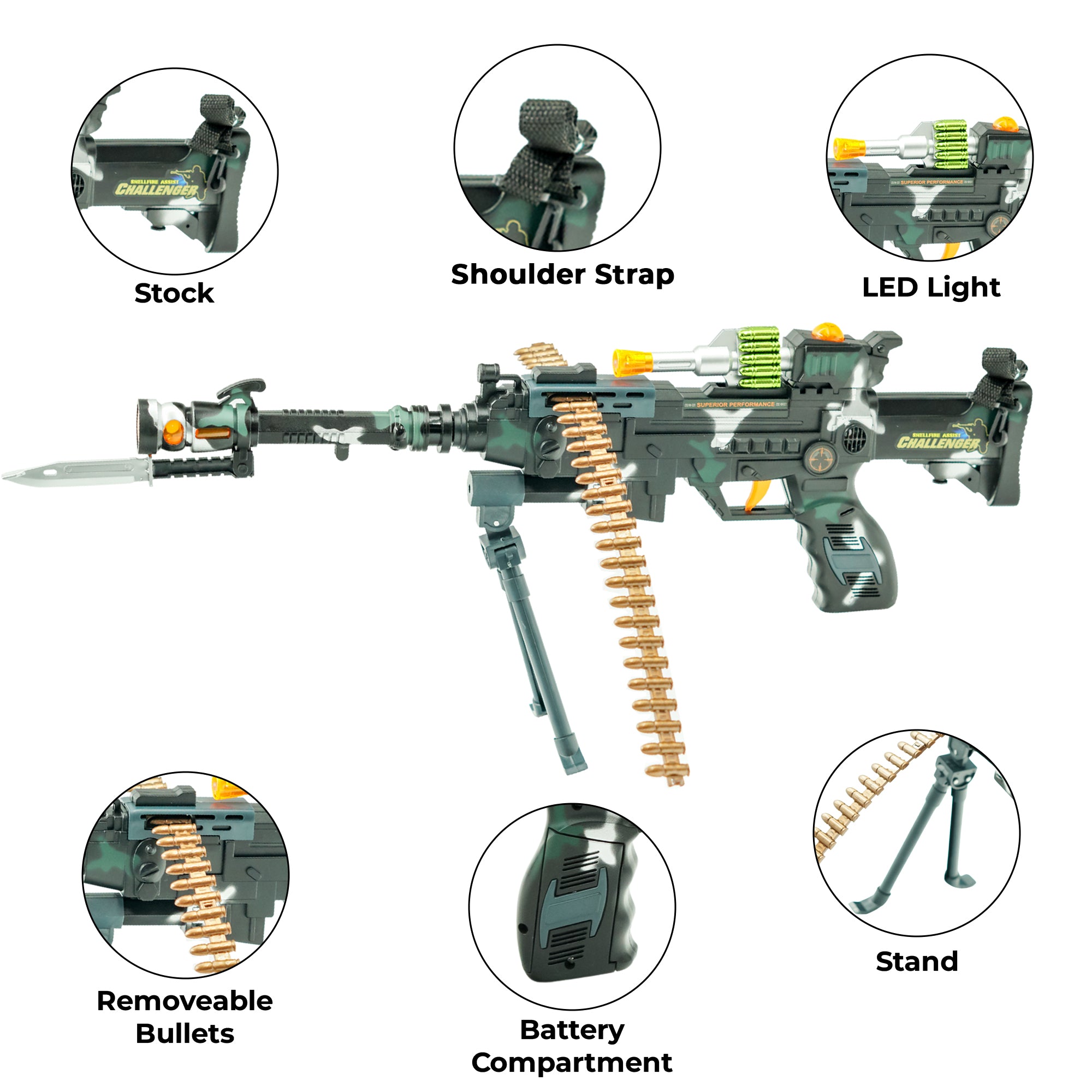 Battery Operated Military Toy Machine Gun for Kids with Light, Sound and Moving Barrel