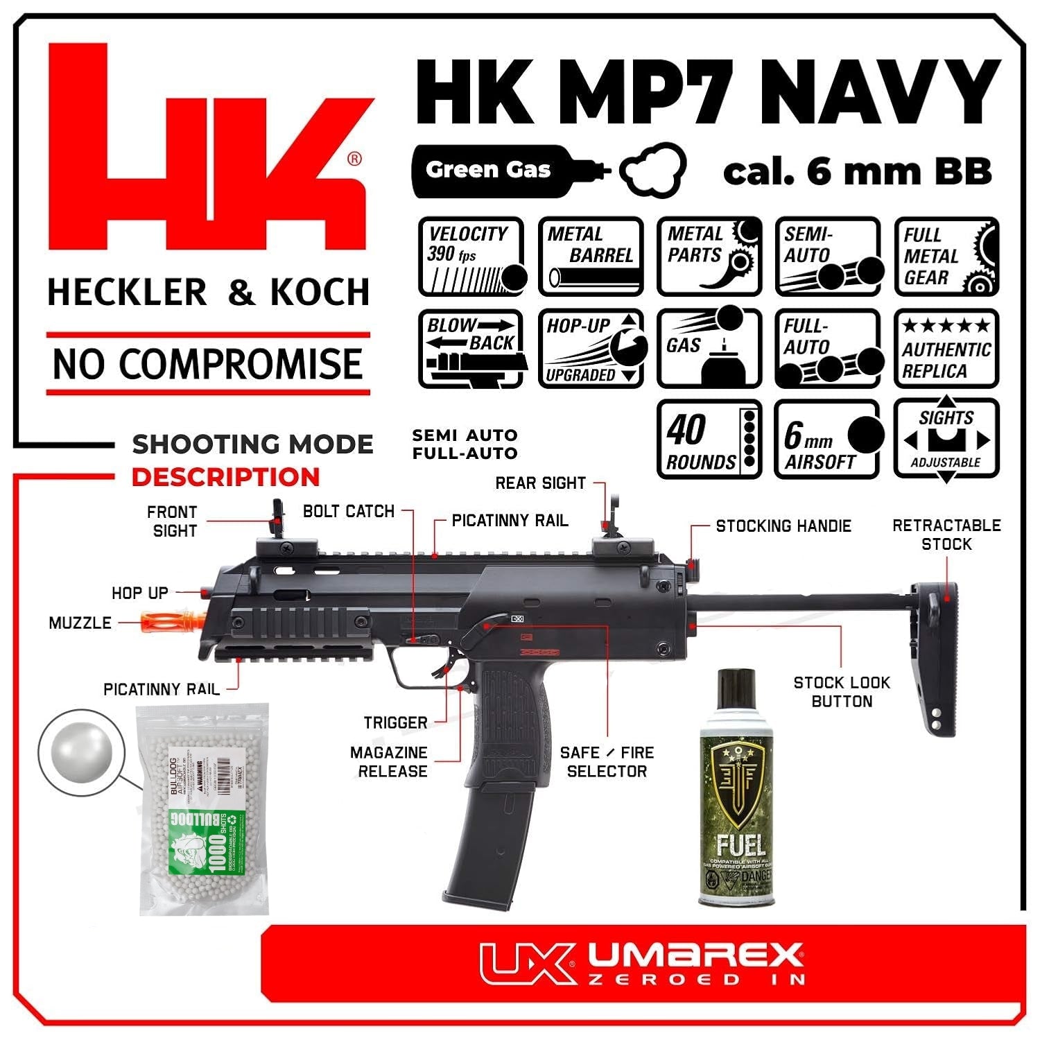 HK Gen2 MP7 Navy Gas Blowback Airsoft Rifle with Green Gas and 1000 BBs - Bundle Set