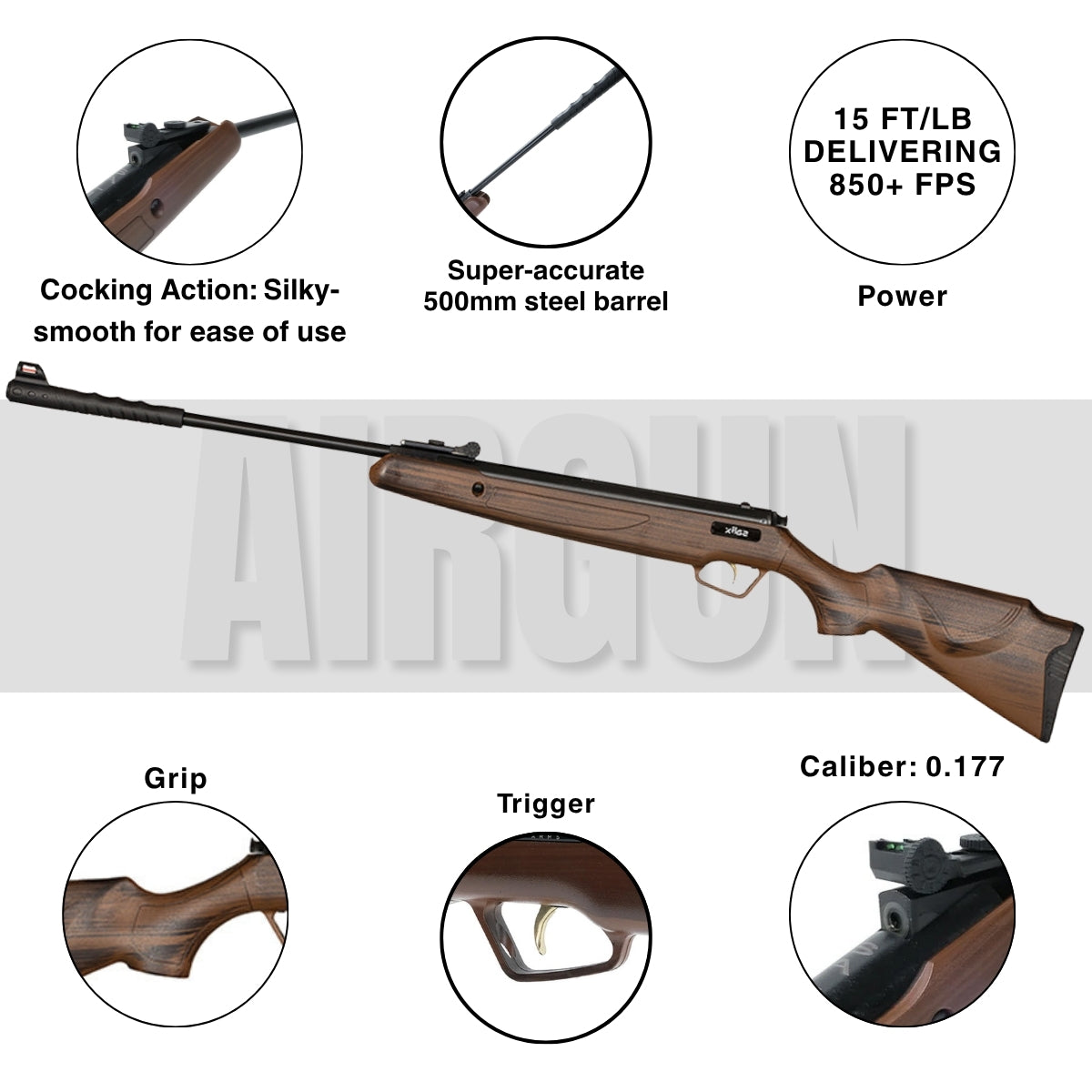 Trimex TX02 .177 Caliber Spring-Powered Air Rifle, 850 FPS, with 200 Pellets