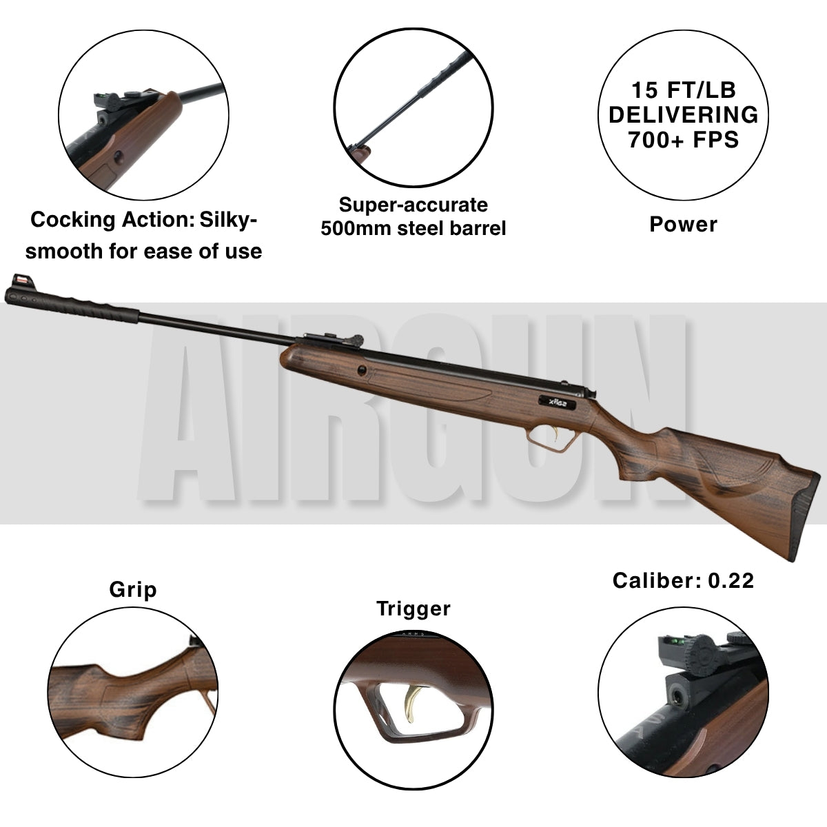 Trimex TX02 .22 Cal Spring-Powered Air Rifle Wood Look 500mm Barrel 700+ FPS 200 Pellets