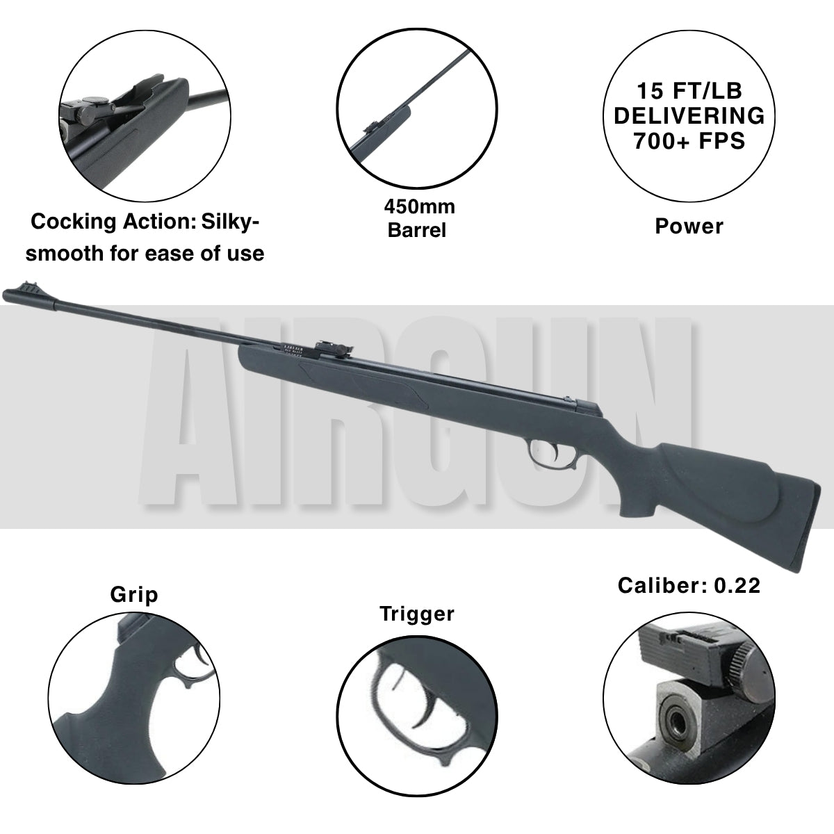 Trimex TX03 .22 Caliber Pellet Spring-Powered Air Rifle, 450mm Barrel, 700+ FPS with 200 Pellets