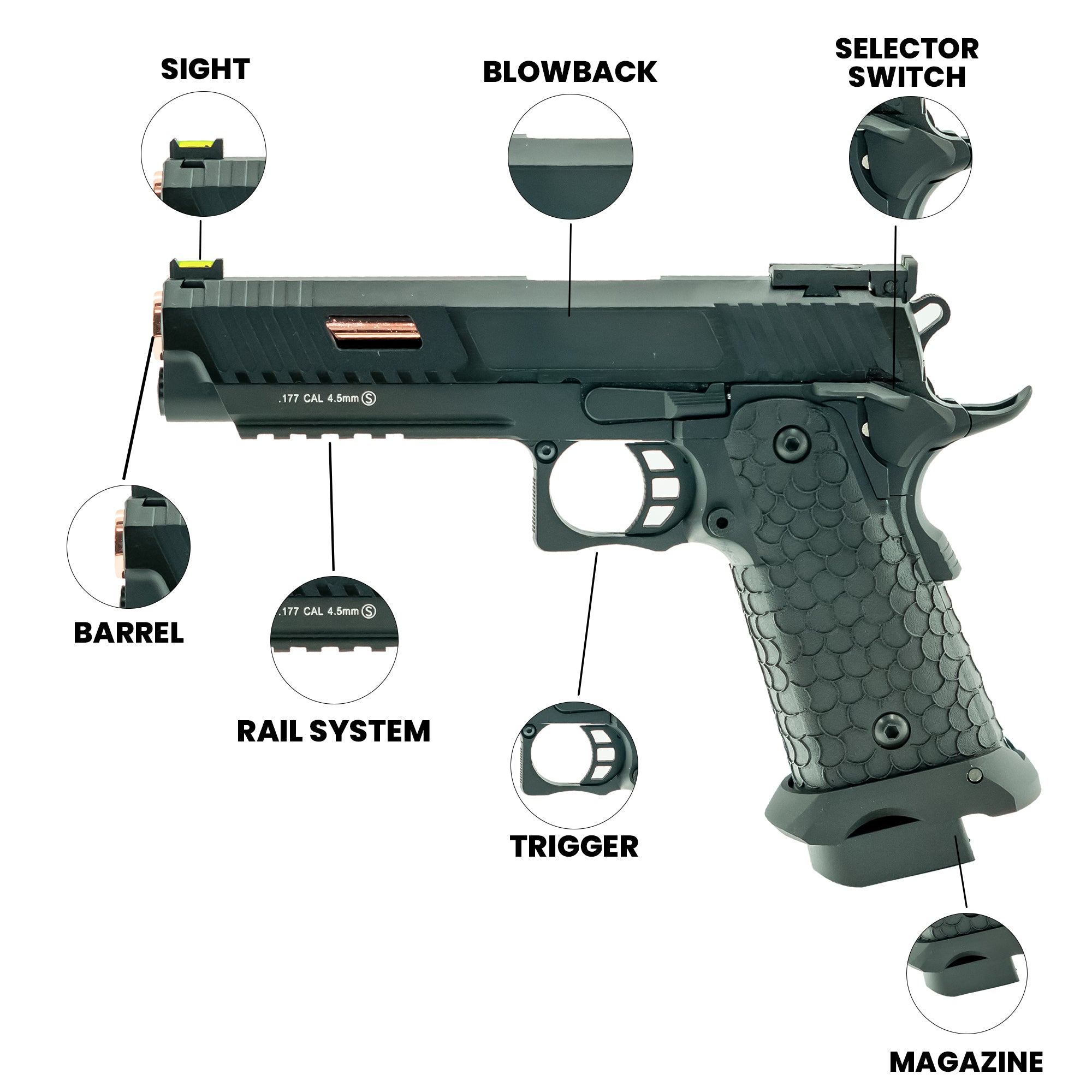 CO2 Air Gun Baba Yaga Blowback CO2 Air Pistol Fully Metal Gold Barrel - L45-21051X
