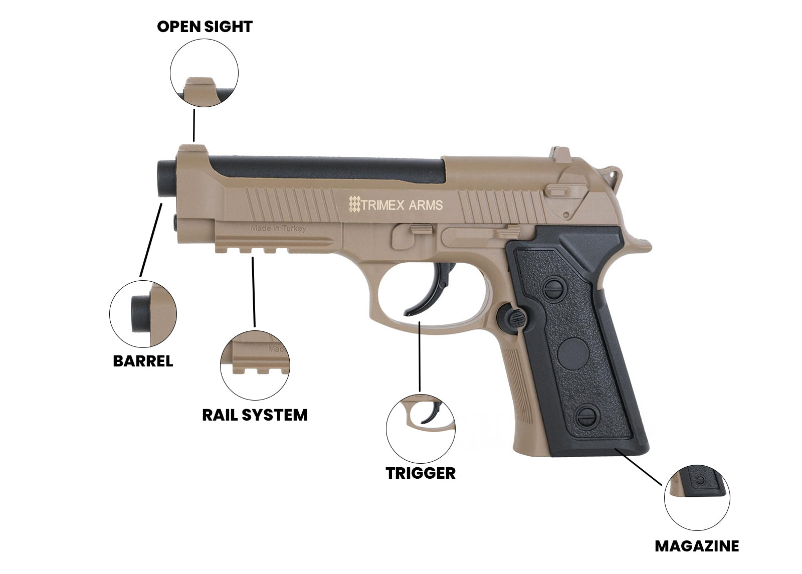 Air Guns CO₂ Air Pistol TX92 Full Metal  4.5MM TAN - Trimex Arms