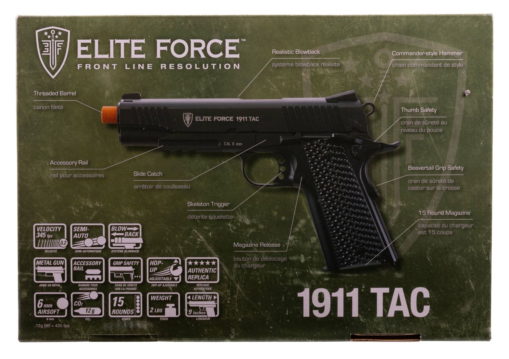 ELITE FORCE USA Black Elite Force 1911 TAC CO2 Airsoft Pistol - 6mm, Black, 15 Round Mag