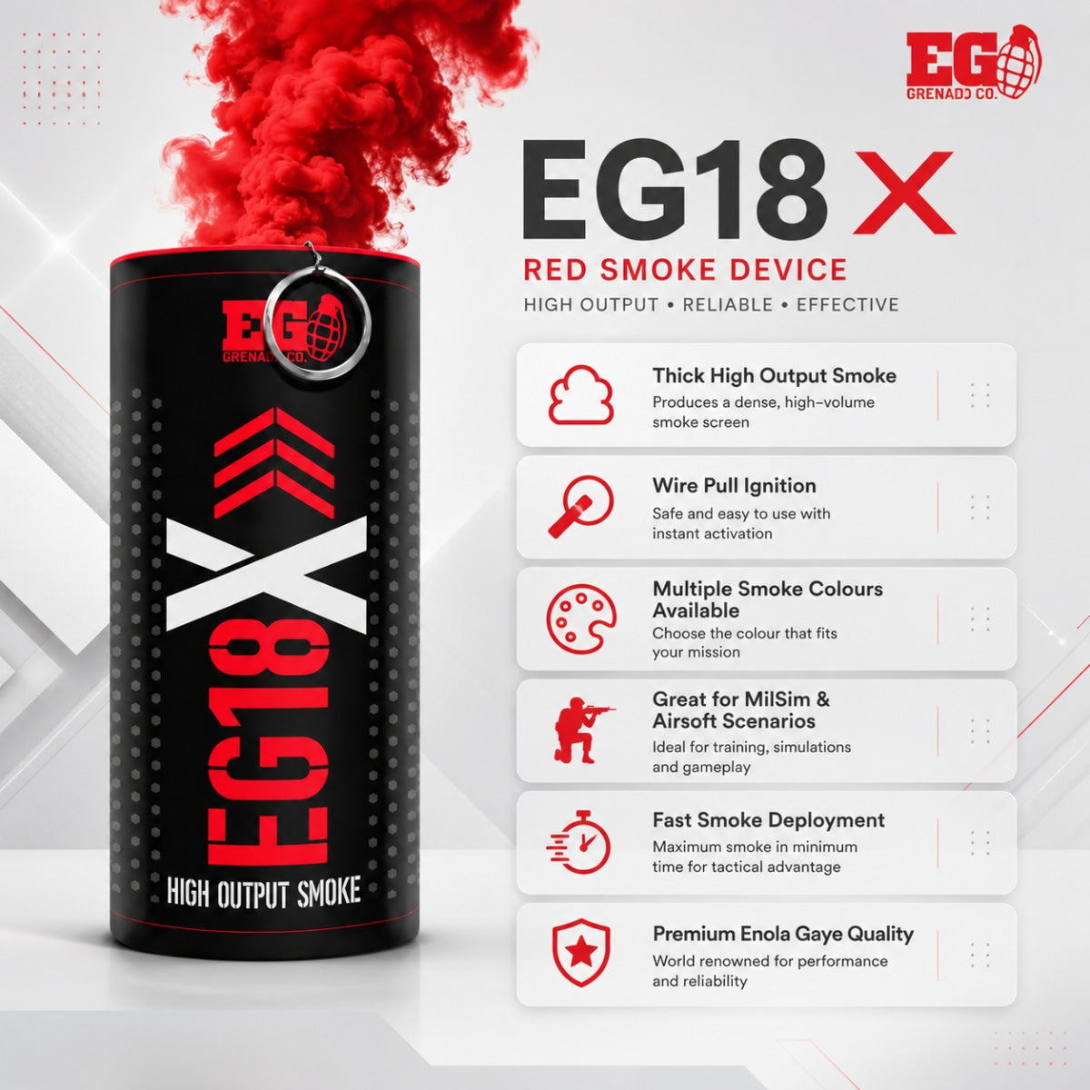 Smoke Grenade Enola Gaye EG18X Extreme Output Airsoft Wire Pull Large Smoke Grenade - Red