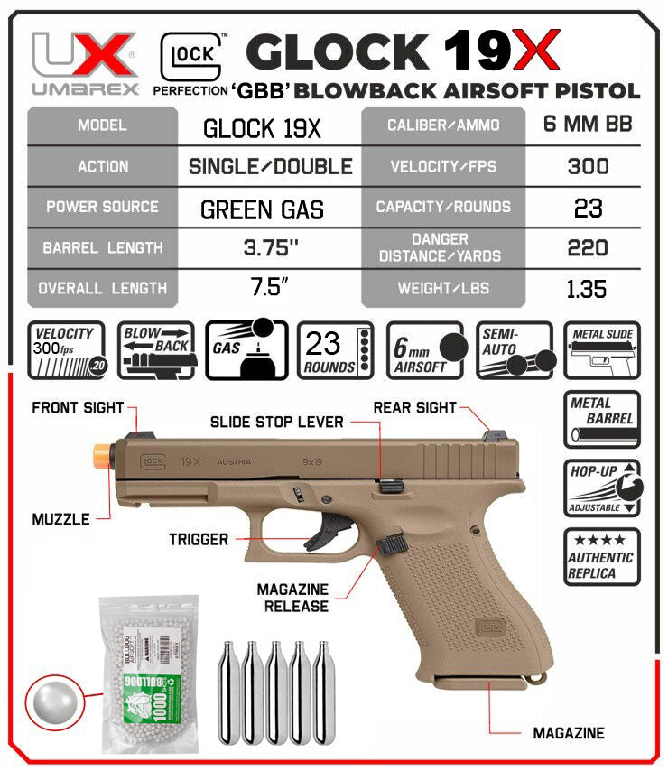 Airsoft CO2 Pistol Glock G19X CO2 Airsoft HBB Pistol w/ CO2 and 1000 BBs - Bundle Set