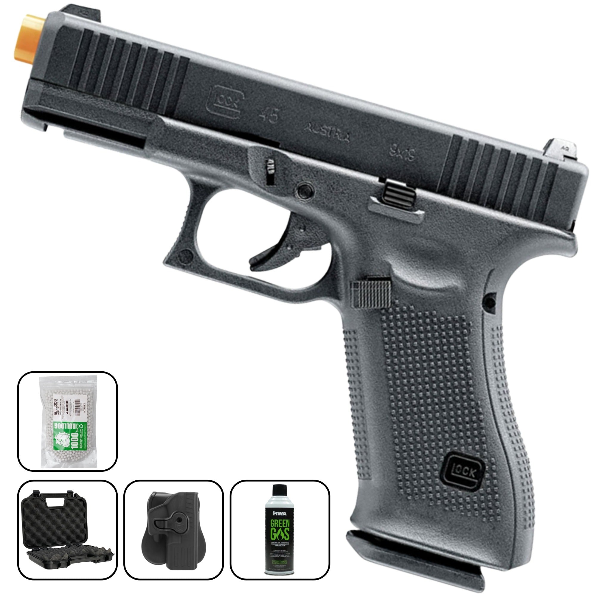 Airsoft Gas Pistol Glock G45 MOS GBB Airsoft Pistol w/ BBs, Holster, Case and Gas - Bundle set