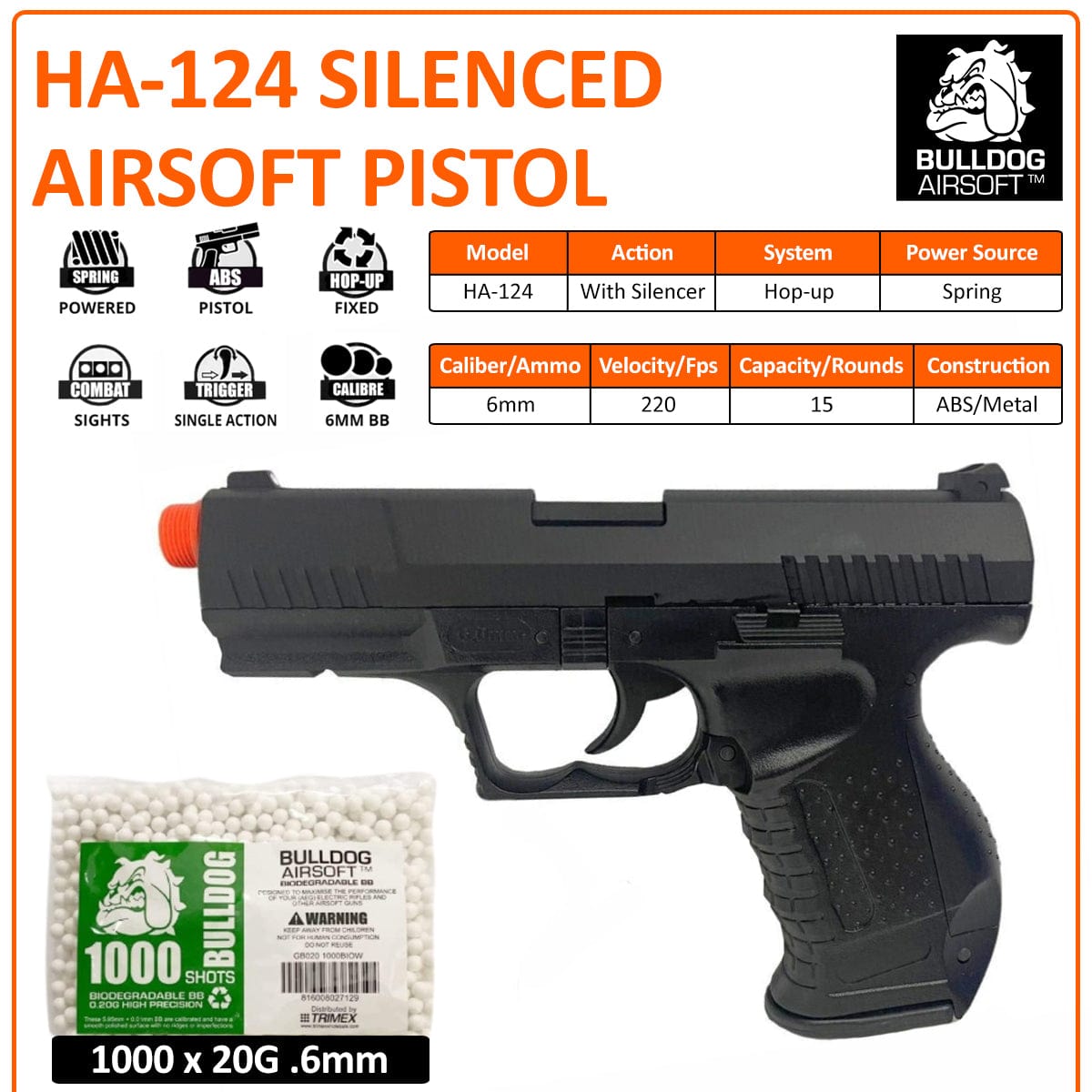 Airsportinggoods HFC HA-124 SPRING AIRSOFT PISTOL WITH SILENCER