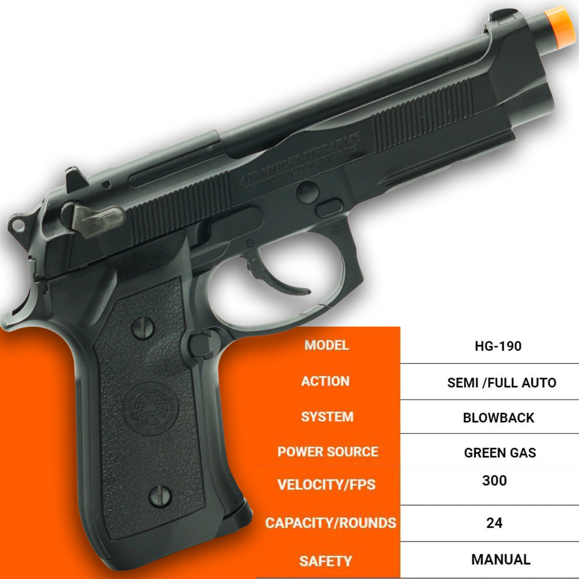 Airsoft GBB Pistol HFC HG-190 Full/Semi Auto GBB Airsoft Pistol