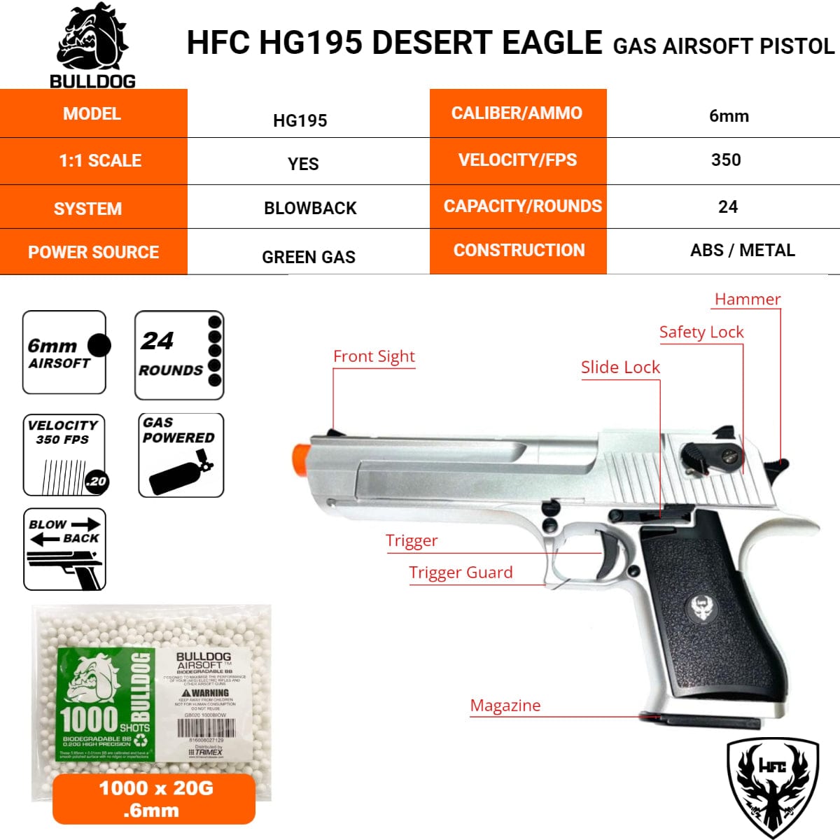Airsportinggoods HFC HFC HG195 DESERT EAGLE GAS POWERED BLOWBACK AIRSOFT PISTOL SILVER