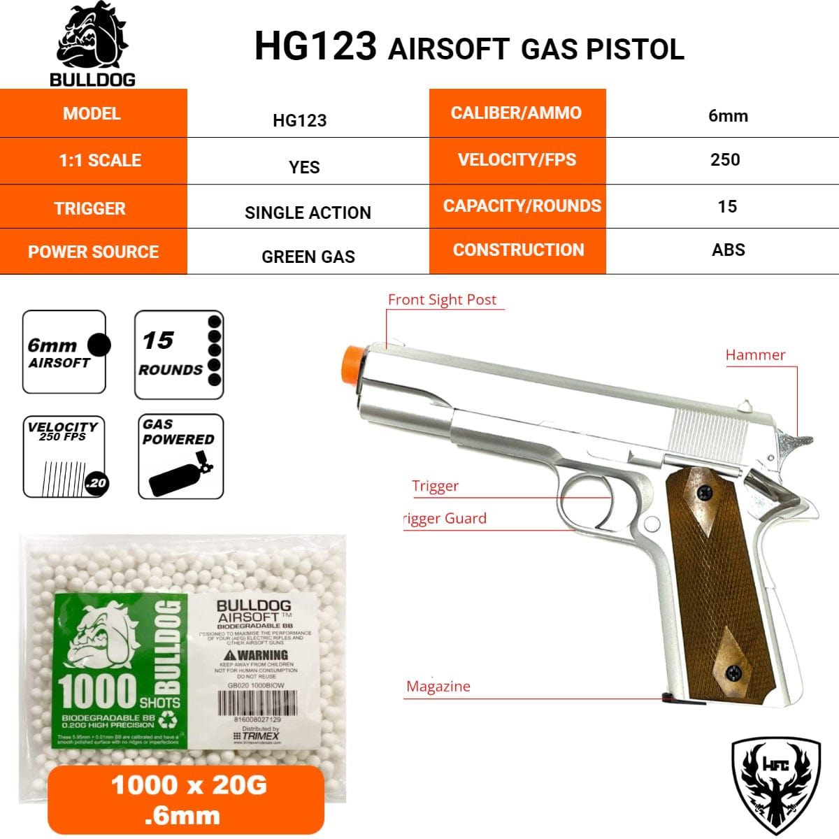 Airsportinggoods HFC HG121 AIRSOFT GAS PISTOL SILVER