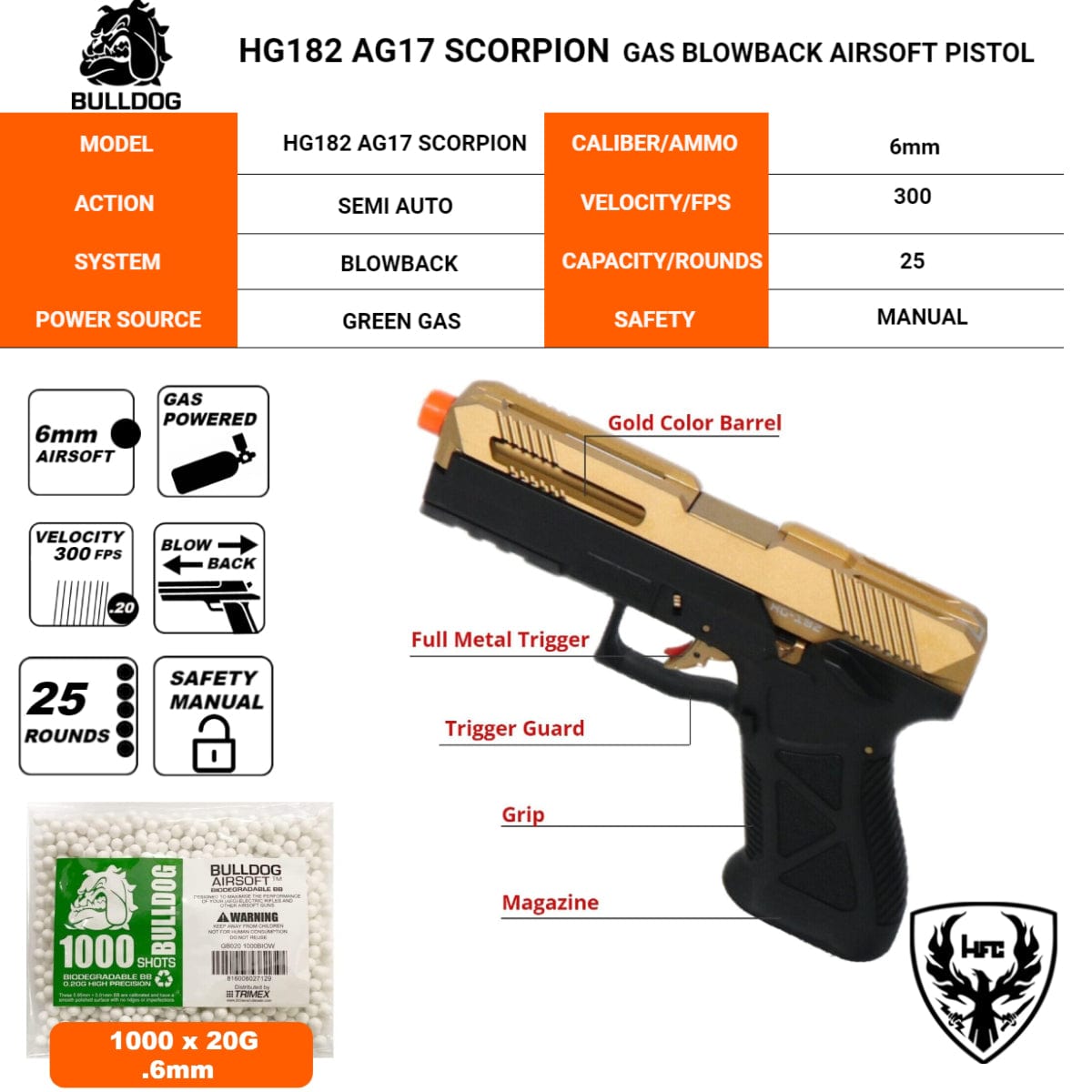 Airsportinggoods HFC HG182 AG17 SCORPION GAS AIRSOFT PISTOL GOLD