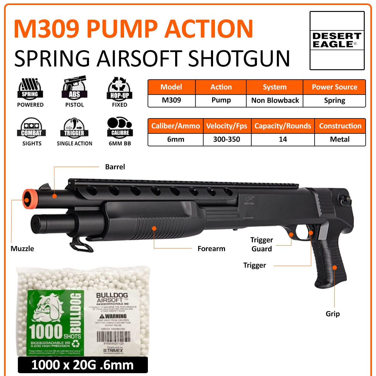 DESERT EAGLE M309 Pump Action Spring Powered Airsoft BBs Shotgun
