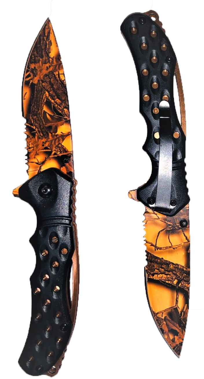 TX ORANGE HUNTING CAMO COMBAT FOLDING KNIFE SERRATED BLADE
