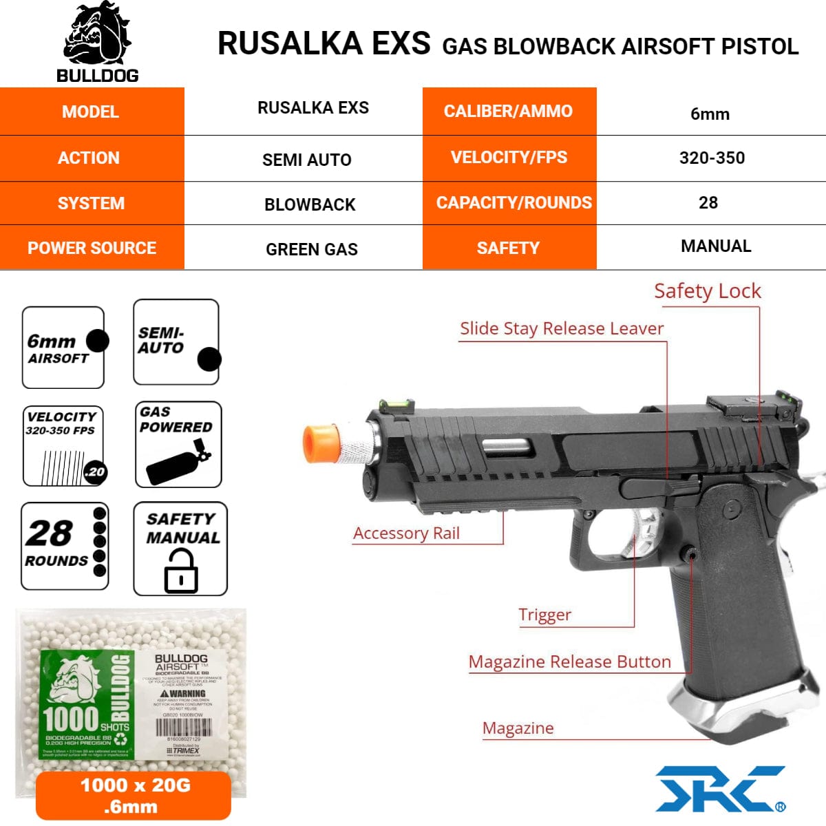 Airsportinggoods SRC RUSALKA EXS COMBAT MASTER HI-CAPA GAS BLOWBACK AIRSOFT PISTOL
