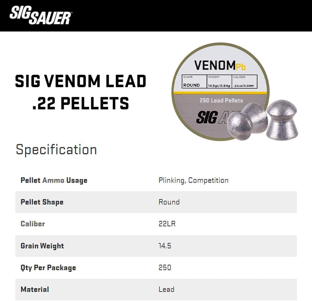 Sig Sauer SIG Sauer Venom Pellets, 22 Cal, 14.5 Grains, Round Nose, 250ct