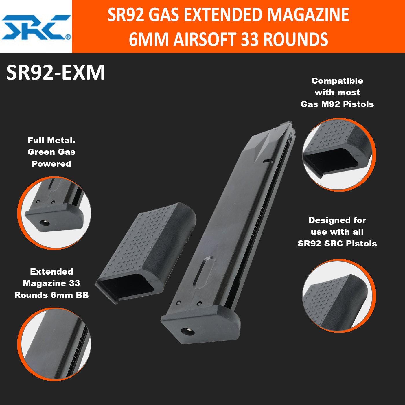 SRC SR92 GAS EXTENDED MAGAZINE 6MM AIRSOFT 33 ROUNDS