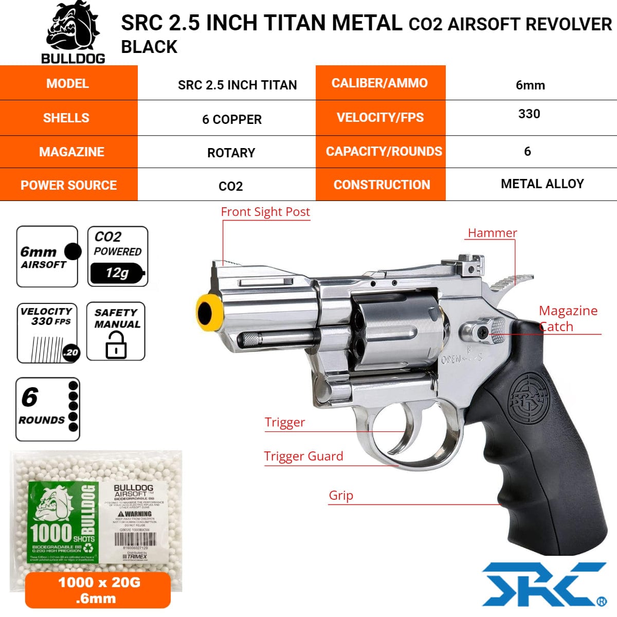 Airsportinggoods SRC SRC 2.5 INCH TITAN FULL METAL CO2 AIRSOFT REVOLVER – SILVER