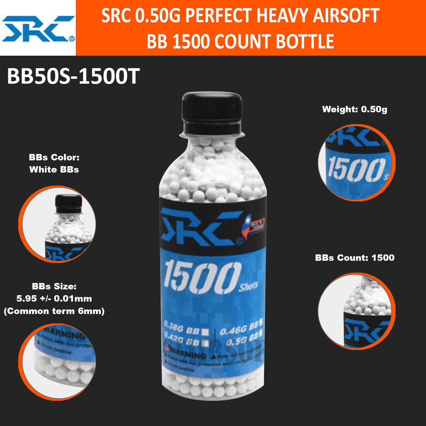 SRC SRC .50g Heavy 1500 Count Airsoft BB Pellet Bottle