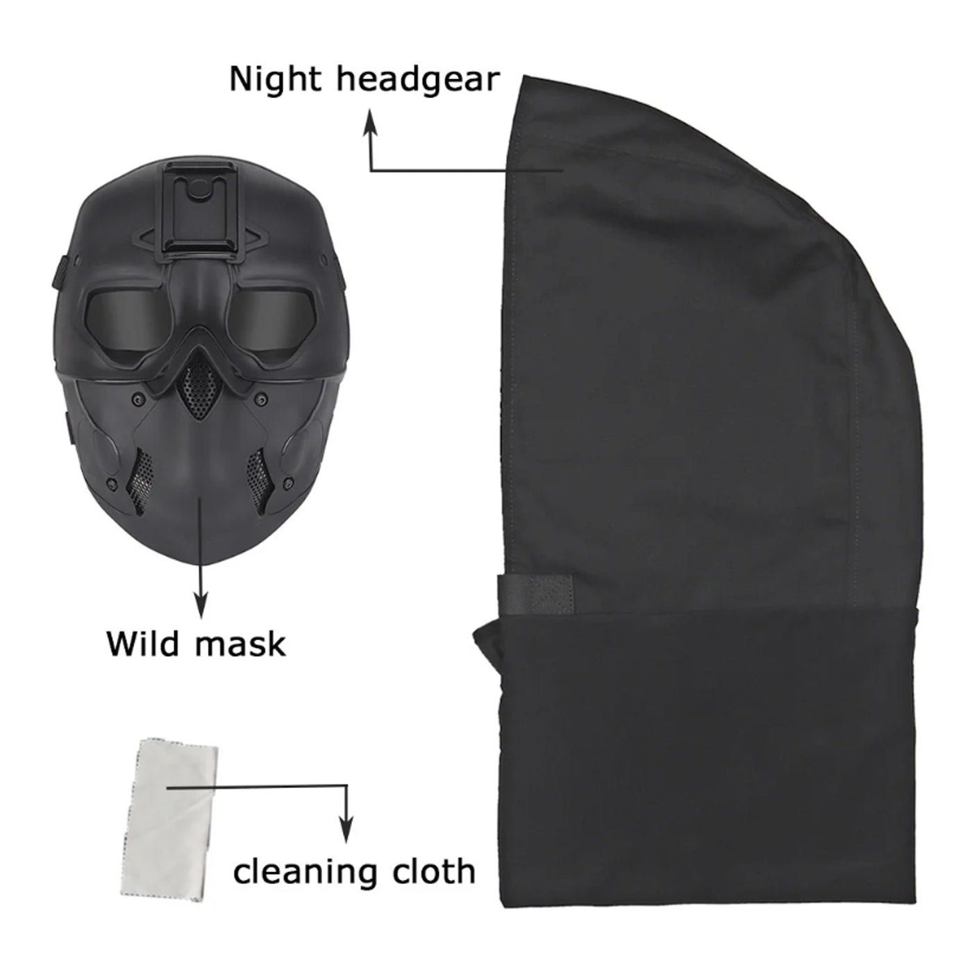 WOSPORT TACTICAL FULL-FACE MASK WITH NIGHT HEADGEAR BLACK FOR AIRSOFT