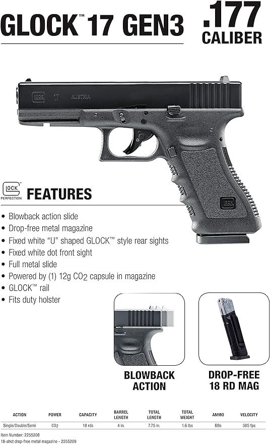 GLOCK, UMAREX USA Umarex GLOCK 17 Blowback .177 Caliber CO2-Powered BB Gun Air Pistol - 18 Rounds, Gen3, Metal Frame