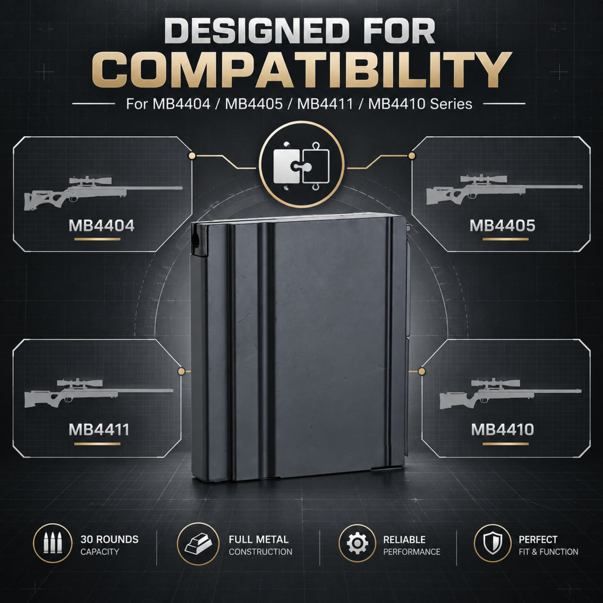 Airsoft Rifle Magazine WELL 30rd Magazine for MB4404, MB4405, MB4410 & MB4411 Airsoft Sniper Rifles